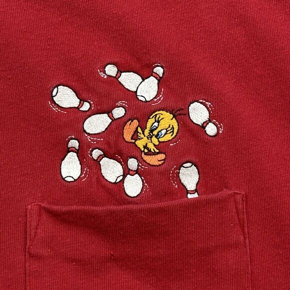 Vintage Looney Tunes Shirt Mens Small Red Sylvester Tweety Bird Bowl Pocket Tee - Picture 8 of 15